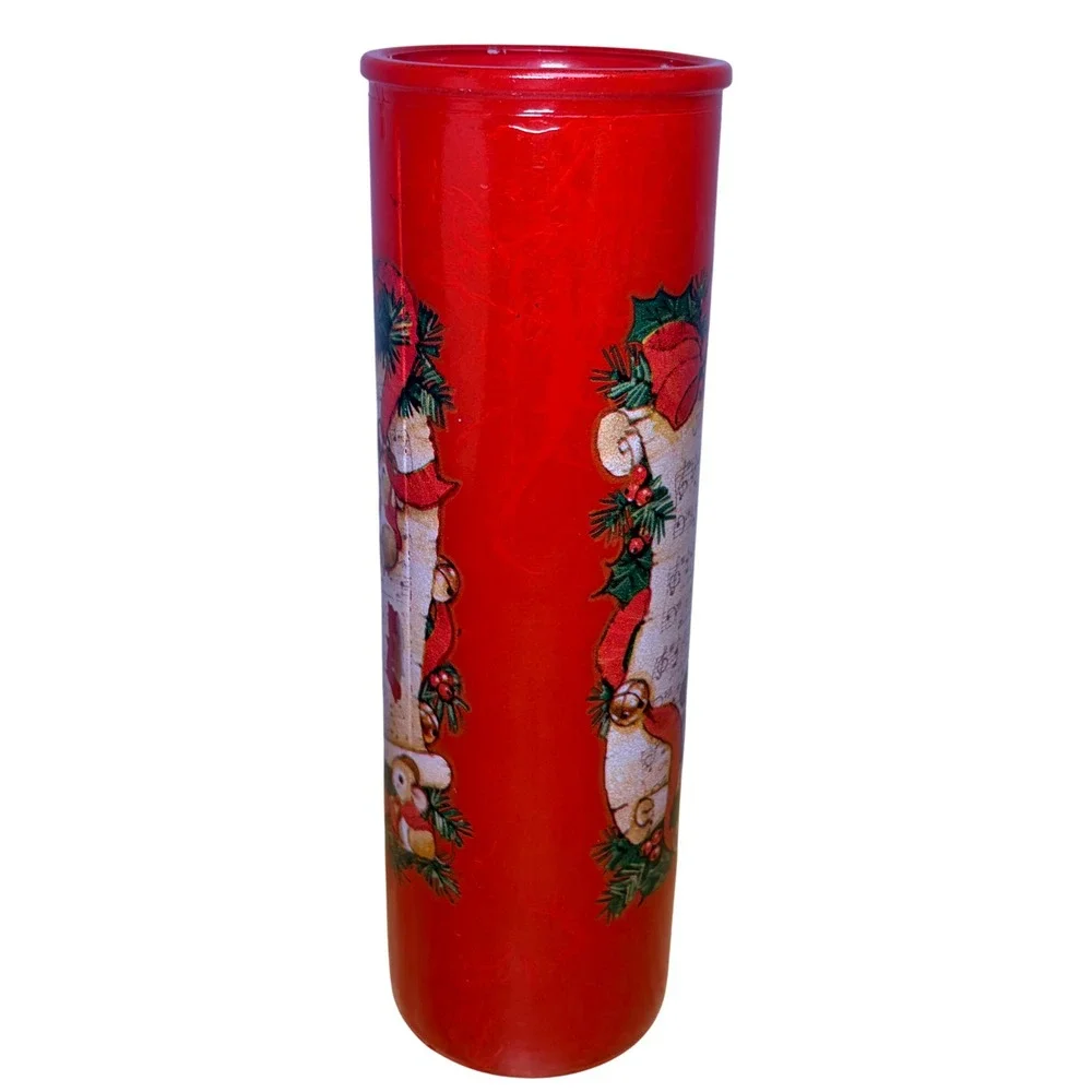 Vintage Christmas Jingle Bells Mouse Red Glass Cylinder Vase Mid Century Retro